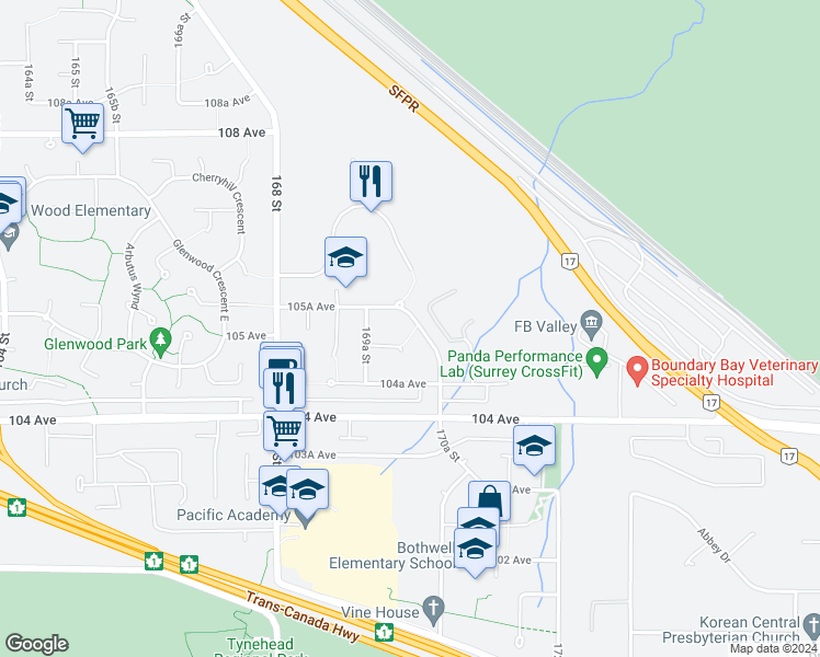 map of restaurants, bars, coffee shops, grocery stores, and more near 10535 170A Street in Surrey