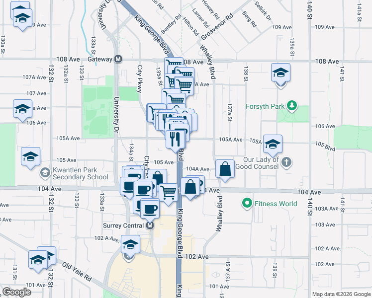 map of restaurants, bars, coffee shops, grocery stores, and more near 10524 King George Boulevard in Surrey