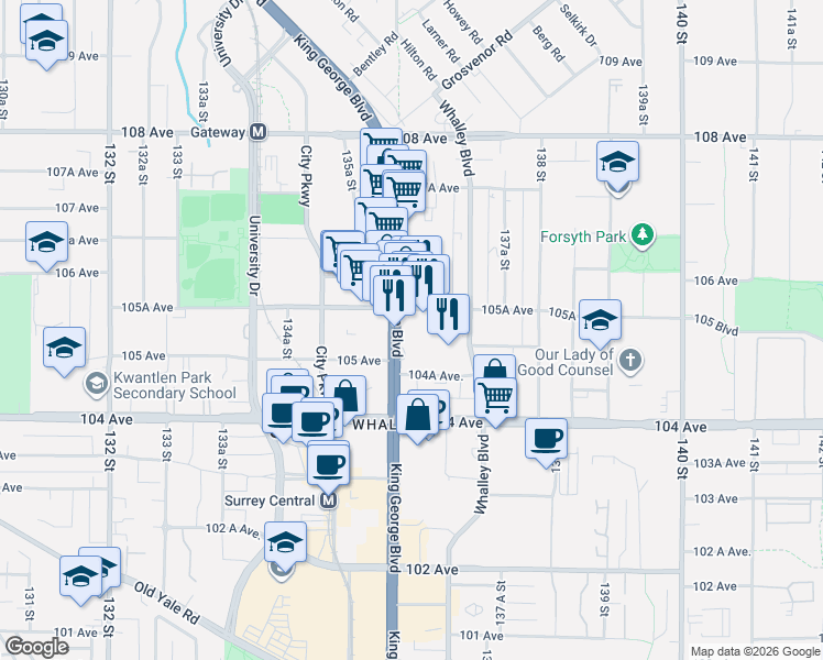 map of restaurants, bars, coffee shops, grocery stores, and more near 10524 King George Boulevard in Surrey