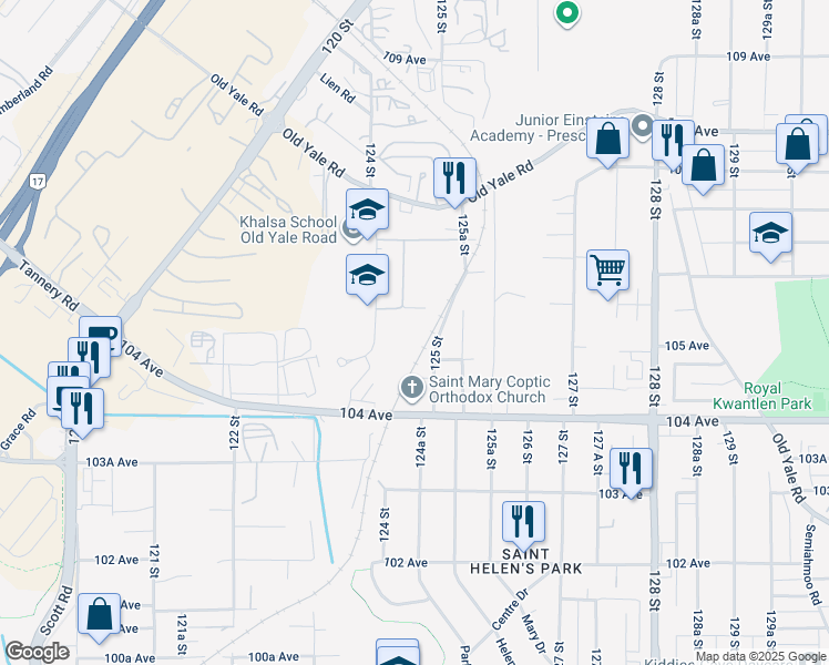 map of restaurants, bars, coffee shops, grocery stores, and more near 10529 125 Street in Surrey
