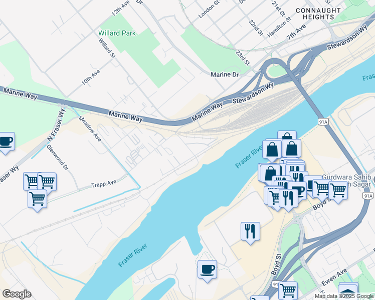 map of restaurants, bars, coffee shops, grocery stores, and more near 53119 Willard Street in Burnaby