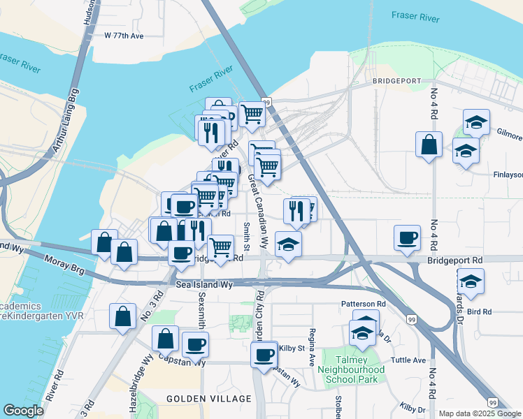 map of restaurants, bars, coffee shops, grocery stores, and more near Great Canadian Way in Richmond