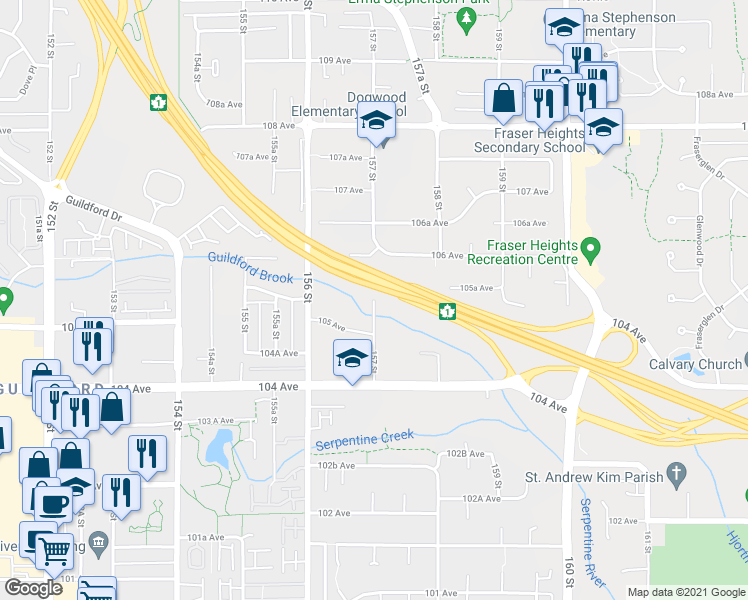 map of restaurants, bars, coffee shops, grocery stores, and more near 10545 157 Street in Surrey