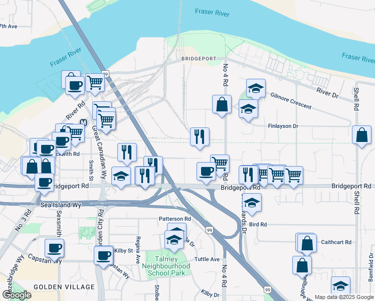 map of restaurants, bars, coffee shops, grocery stores, and more near in Richmond