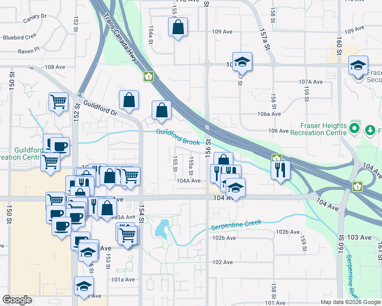 map of restaurants, bars, coffee shops, grocery stores, and more near 10514 155A Street in Surrey