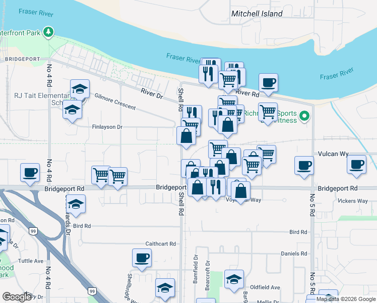 map of restaurants, bars, coffee shops, grocery stores, and more near 2688 Shell Road in Richmond