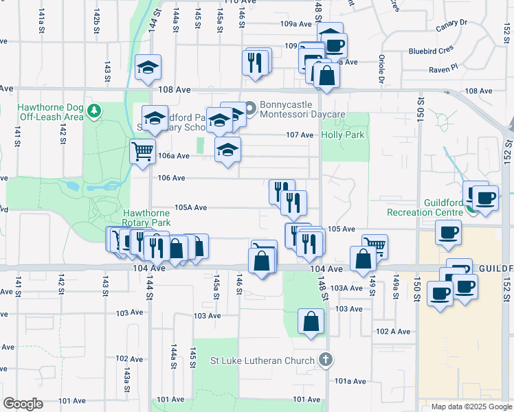 map of restaurants, bars, coffee shops, grocery stores, and more near 14620 105A Avenue in Surrey