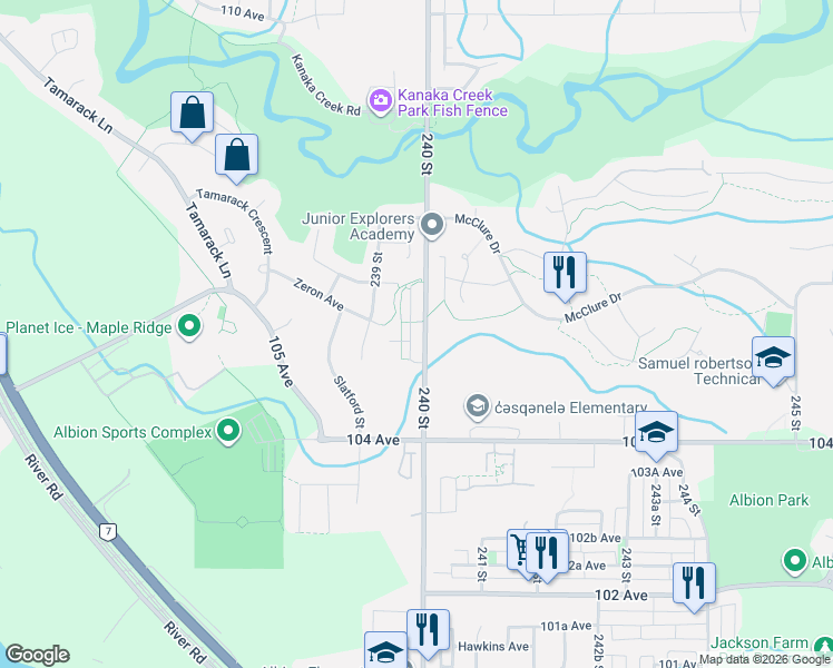 map of restaurants, bars, coffee shops, grocery stores, and more near 10525 240 Street in Maple Ridge