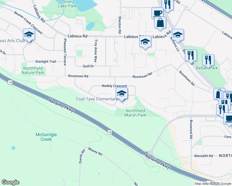map of restaurants, bars, coffee shops, grocery stores, and more near 2179 Mountain Vista Drive in Nanaimo