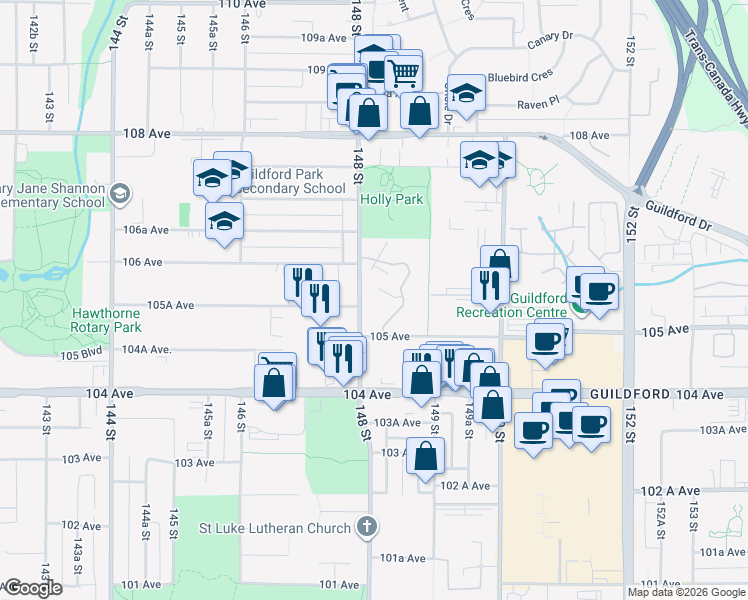 map of restaurants, bars, coffee shops, grocery stores, and more near 10527 Holly Park Lane in Surrey