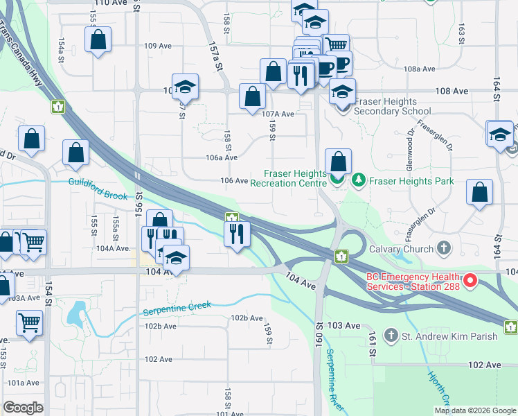 map of restaurants, bars, coffee shops, grocery stores, and more near 15868 105A Avenue in Surrey