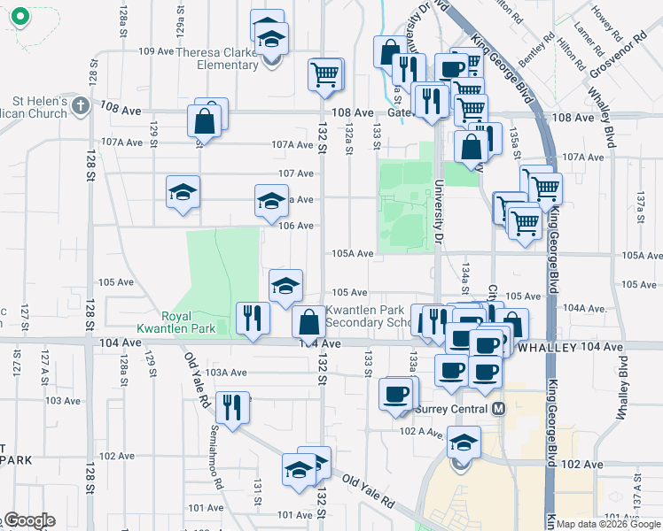 map of restaurants, bars, coffee shops, grocery stores, and more near 10520 132 Street in Surrey