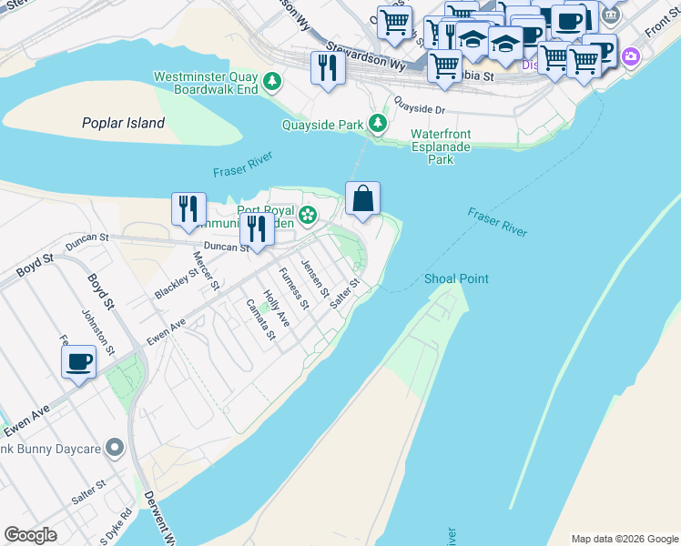 map of restaurants, bars, coffee shops, grocery stores, and more near Brookes Street in New Westminster