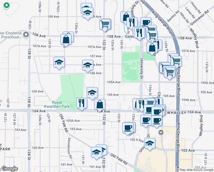 map of restaurants, bars, coffee shops, grocery stores, and more near 10520 132 Street in Surrey