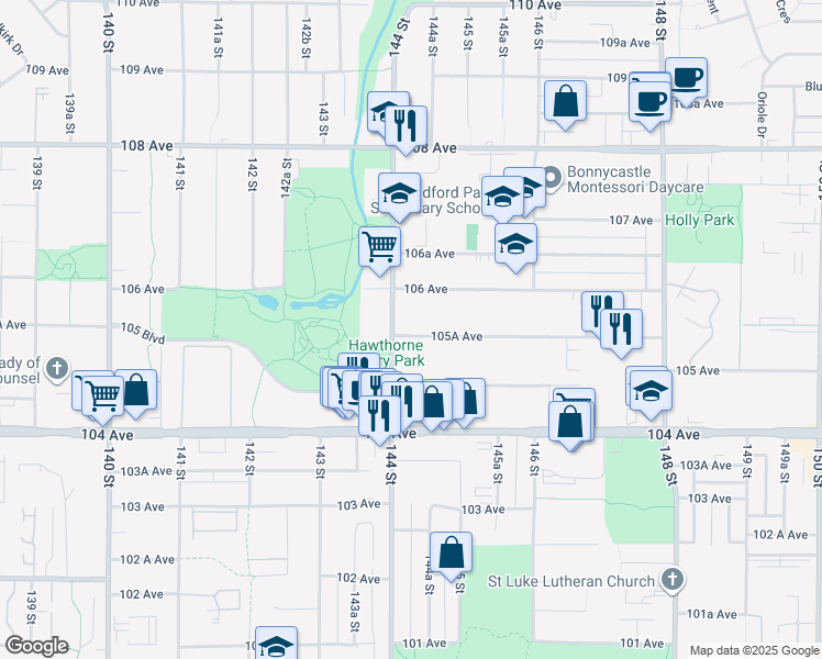map of restaurants, bars, coffee shops, grocery stores, and more near 14429 105A Avenue in Surrey