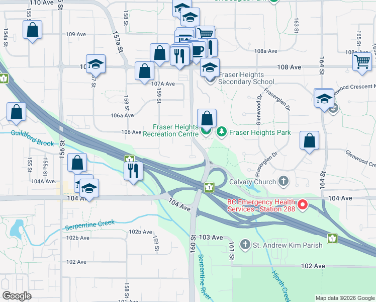 map of restaurants, bars, coffee shops, grocery stores, and more near 10539 159B Street in Surrey