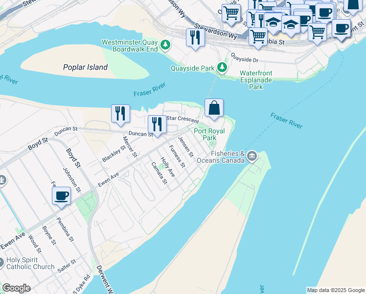 map of restaurants, bars, coffee shops, grocery stores, and more near 252 Jensen Street in New Westminster