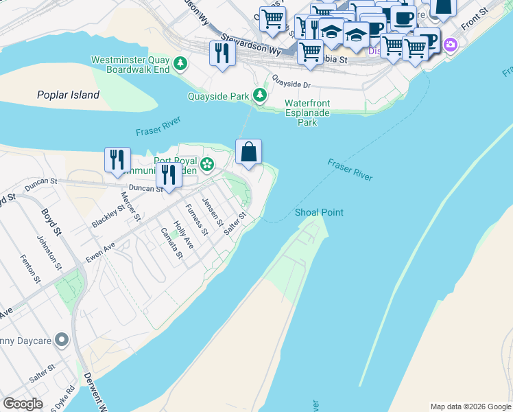 map of restaurants, bars, coffee shops, grocery stores, and more near 220 Salter Street in New Westminster