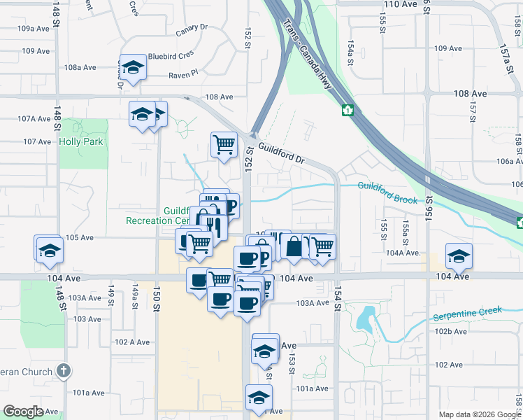 map of restaurants, bars, coffee shops, grocery stores, and more near 15225 105 Avenue in Surrey