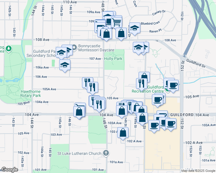 map of restaurants, bars, coffee shops, grocery stores, and more near 10539 Holly Park Lane in Surrey