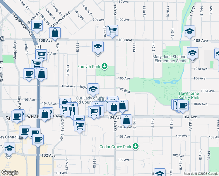 map of restaurants, bars, coffee shops, grocery stores, and more near 13963 105 Boulevard in Surrey