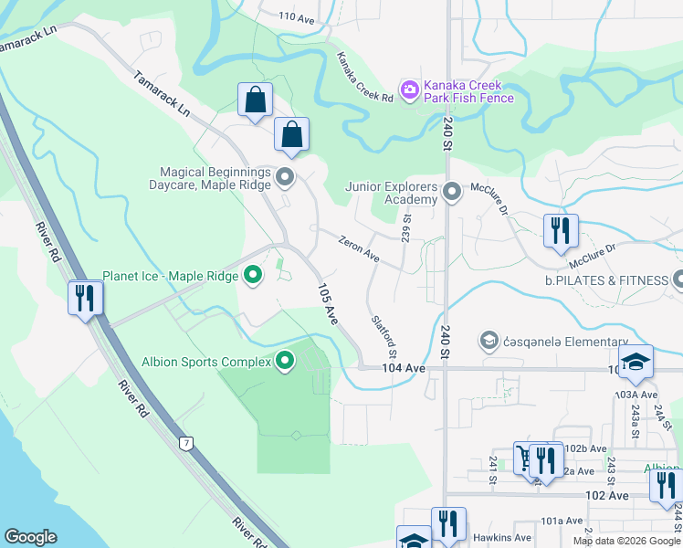 map of restaurants, bars, coffee shops, grocery stores, and more near 10554 238 Street in Maple Ridge