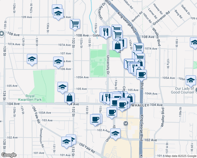 map of restaurants, bars, coffee shops, grocery stores, and more near 13327 105 Avenue in Surrey