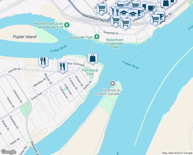 map of restaurants, bars, coffee shops, grocery stores, and more near in New Westminster