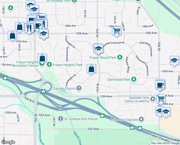 map of restaurants, bars, coffee shops, grocery stores, and more near 10552 Woodglen Close in Surrey
