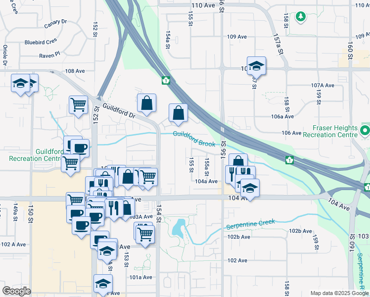 map of restaurants, bars, coffee shops, grocery stores, and more near 10527 155 Street in Surrey