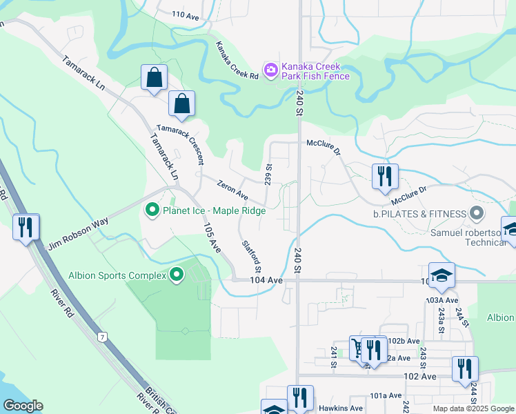 map of restaurants, bars, coffee shops, grocery stores, and more near 10555 239 Street in Maple Ridge