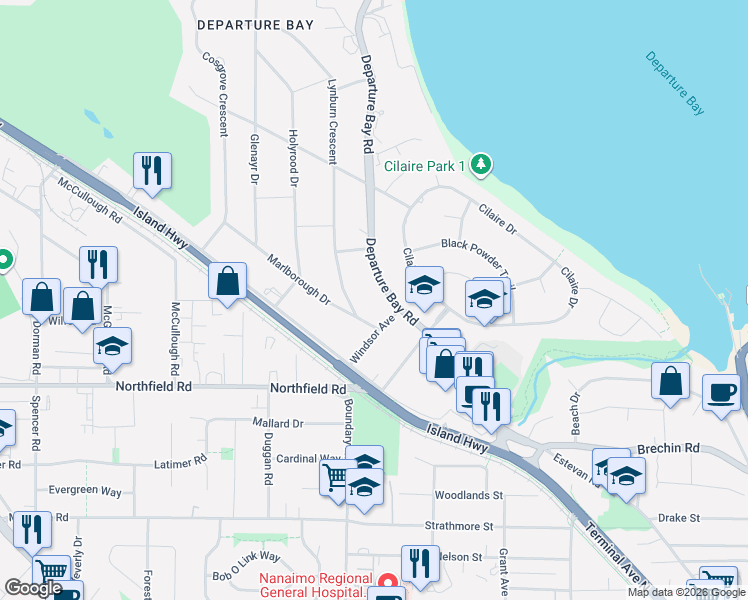 map of restaurants, bars, coffee shops, grocery stores, and more near 2315 Departure Bay Road in Nanaimo