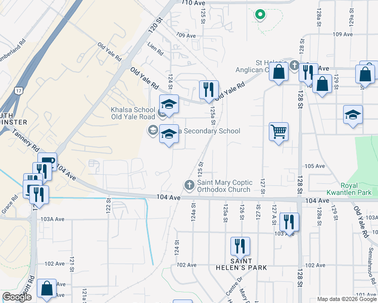 map of restaurants, bars, coffee shops, grocery stores, and more near 12462 105A Avenue in Surrey
