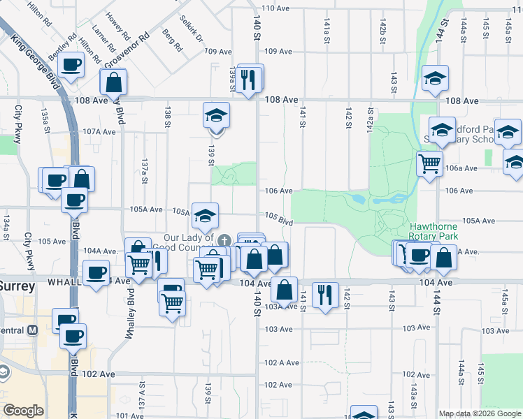 map of restaurants, bars, coffee shops, grocery stores, and more near in Surrey