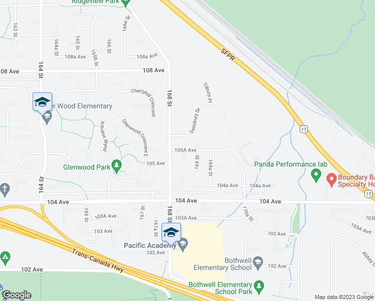 map of restaurants, bars, coffee shops, grocery stores, and more near 10528 168A Street in Surrey