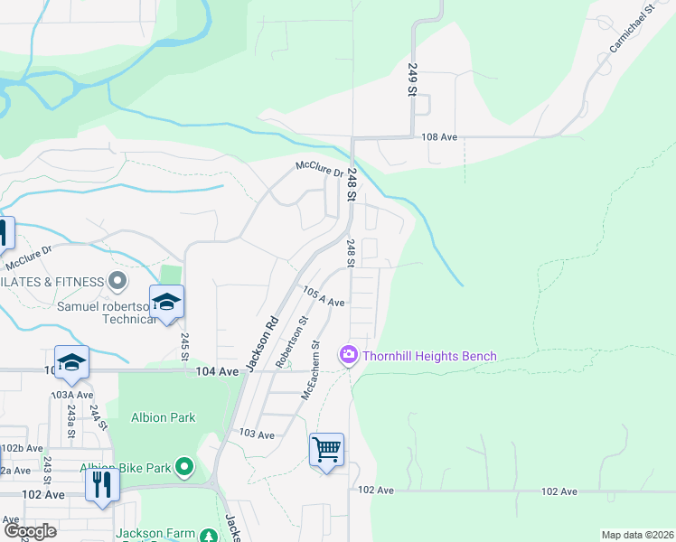 map of restaurants, bars, coffee shops, grocery stores, and more near 10473 Robertson Street in Maple Ridge