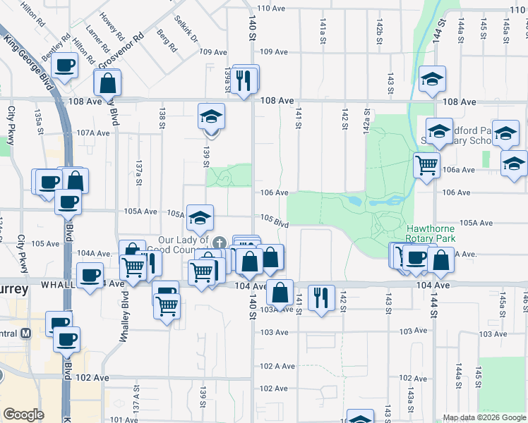 map of restaurants, bars, coffee shops, grocery stores, and more near 10556 140 Street in Surrey