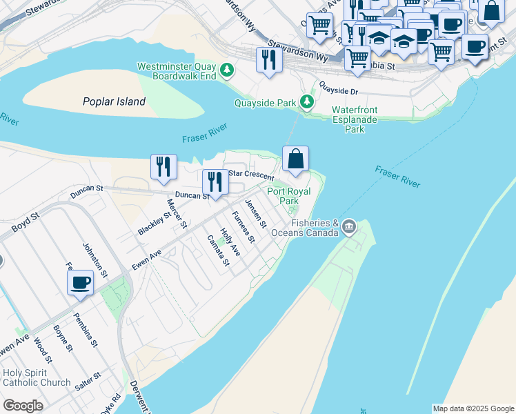 map of restaurants, bars, coffee shops, grocery stores, and more near 251 Jensen Street in New Westminster