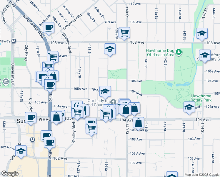 map of restaurants, bars, coffee shops, grocery stores, and more near 13929 105 Boulevard in Surrey