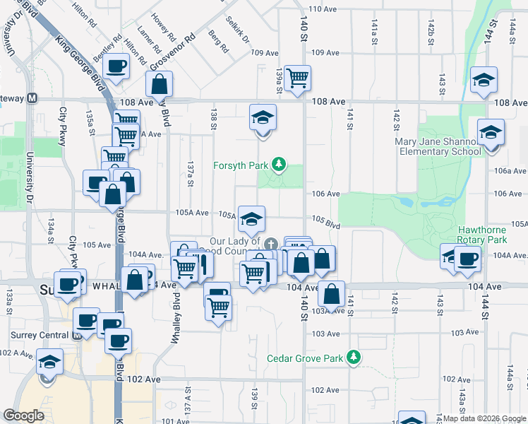 map of restaurants, bars, coffee shops, grocery stores, and more near in Surrey