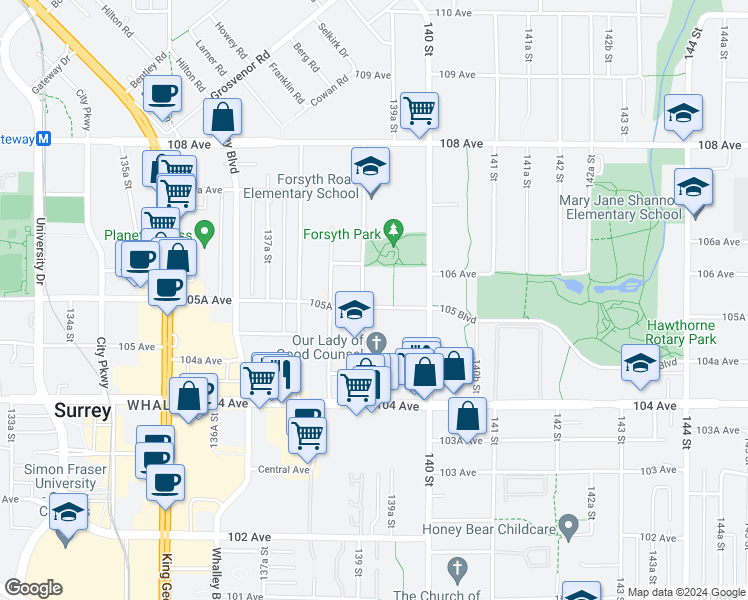 map of restaurants, bars, coffee shops, grocery stores, and more near 13929 105A Avenue in Surrey