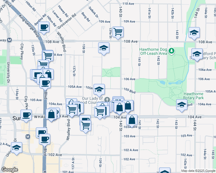 map of restaurants, bars, coffee shops, grocery stores, and more near 13933 105 Boulevard in Surrey