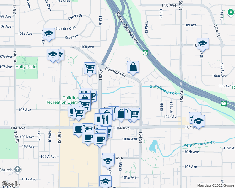 map of restaurants, bars, coffee shops, grocery stores, and more near 10565 153 Street in Surrey
