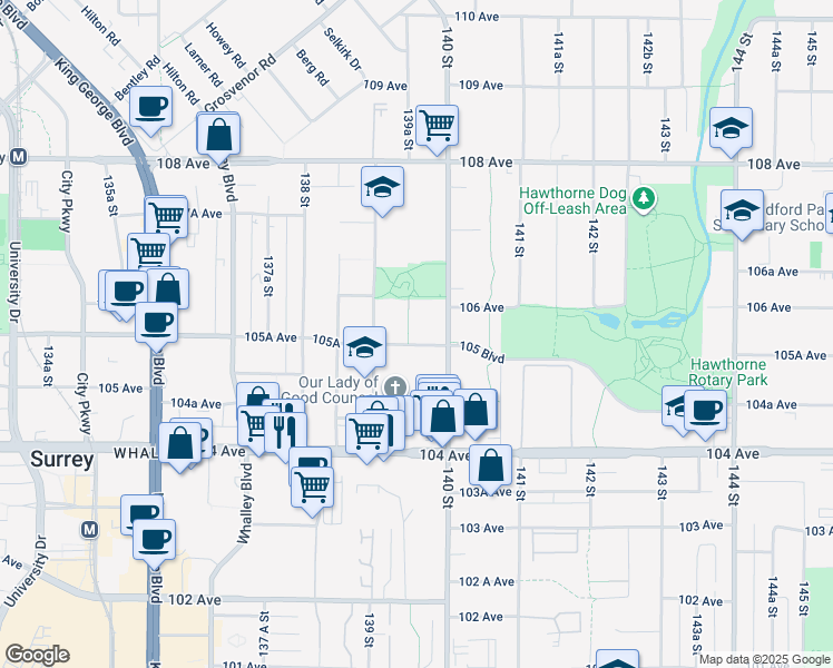 map of restaurants, bars, coffee shops, grocery stores, and more near 13963 105 Boulevard in Surrey