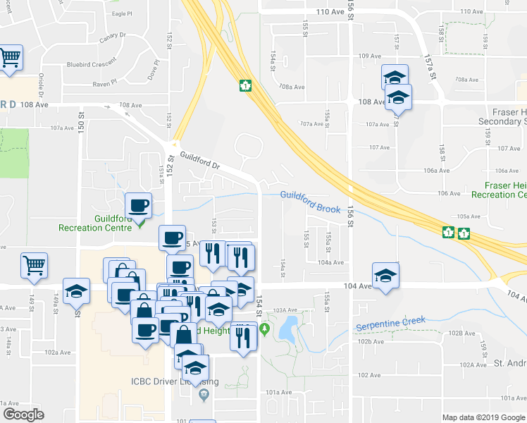 map of restaurants, bars, coffee shops, grocery stores, and more near in Surrey