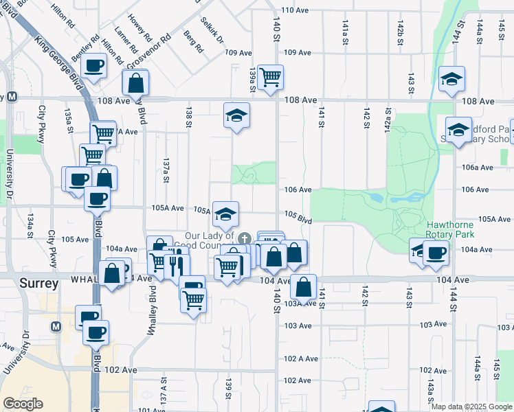 map of restaurants, bars, coffee shops, grocery stores, and more near in Surrey