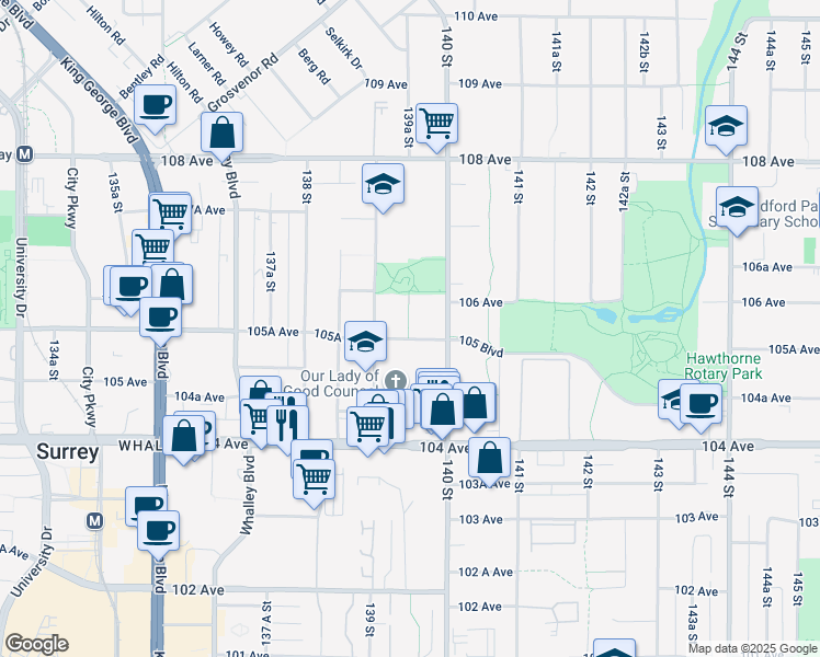 map of restaurants, bars, coffee shops, grocery stores, and more near in Surrey
