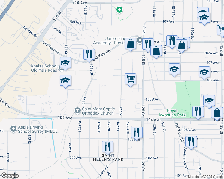 map of restaurants, bars, coffee shops, grocery stores, and more near 12640 105A Avenue in Surrey