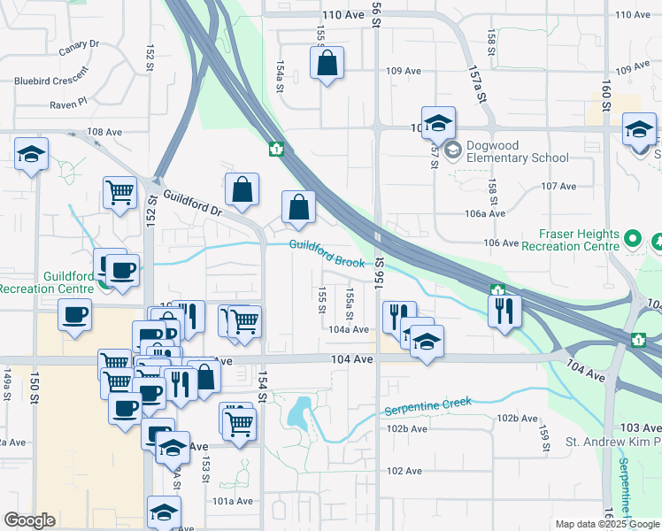 map of restaurants, bars, coffee shops, grocery stores, and more near 15523 105A Avenue in Surrey