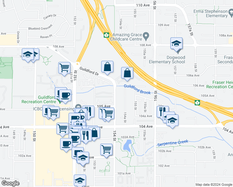 map of restaurants, bars, coffee shops, grocery stores, and more near 10560 154 Street in Surrey